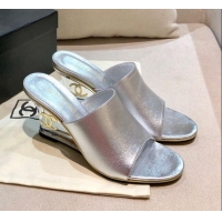 Discount Chanel Calfskin Wedge Slide Sandals 010947 Silver 2021 