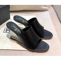 Good Product Chanel Calfskin Wedge Slide Sandals 010947 Black 2021