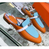 Best Grade Hermes Calfskin Oz Mules 033135 Orange/Blue