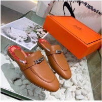 Top Grade Hermes Calfskin Oz Mules 033135 Brown