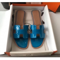 Top Quality Hermes Patent Calfskin Leather Oran H Flat Slipper Sandals 40101 Peacock Blue