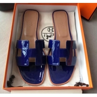 Luxury Classic Hermes Patent Calfskin Leather Oran H Flat Slipper Sandals 40101 Electric Blue