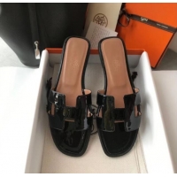 Best Price Hermes Patent Calfskin Leather Oran H Flat Slipper Sandals 40101 Black