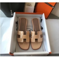 Luxury Hermes Patent Calfskin Leather Oran H Flat Slipper Sandals 040109 Nude