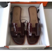 Practical Hermes Patent Calfskin Leather Oran H Flat Slipper Sandals 040112 Burgundy/Apricot