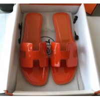 Good Product Hermes Patent Calfskin Leather Oran H Flat Slipper Sandals 040119 Orange