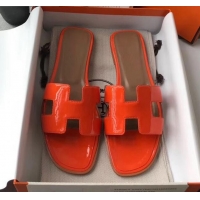 Charming Hermes Patent Calfskin Leather Oran H Flat Slipper Sandals 040119 Orange