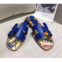 Luxury Hermes Calfskin Oran Sandal With "Fantaisie Botanique" Printed Canvas 040120 Blue