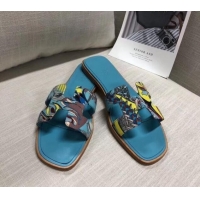 Pretty Style Hermes "Fantaisie Botanique" Printed Canvas Oran Sandal 040121 Blue