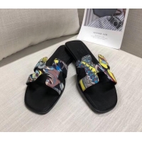 Best Price Hermes "Fantaisie Botanique" Printed Canvas Oran Sandal 040122 Black