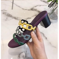 Top Quality Hermes Leather "Chaine d'Ancre" Tandem Sandal With 5cm Heel 042038 Purple/Yellow