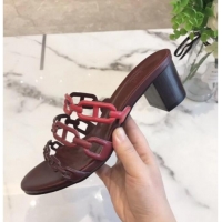 Super Quality Hermes Leather "Chaine d'Ancre" Tandem Sandal With 5cm Heel 042038 Burgundy