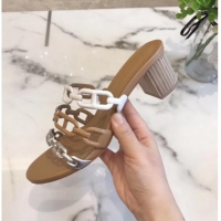 Good Product Hermes Leather "Chaine d'Ancre" Tandem Sandal With 5cm Heel 042038 White/Brown