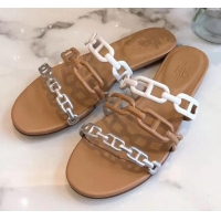 Good Quality Hermes Leather "Chaine d'Ancre" Flat Sandal 042043 White/Brown