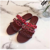 Low Price Hermes Leather "Chaine d'Ancre" Flat Sandal 042043 Burgundy