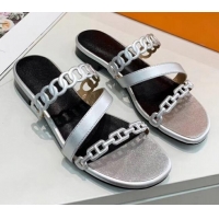 Purchase Hermes Leather "Chaine d'Ancre" Straps Slipper Sandal 042056 Silver