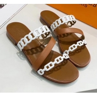 Stylish Hermes Leather "Chaine d'Ancre" Straps Slipper Sandal 042056 Brown/White