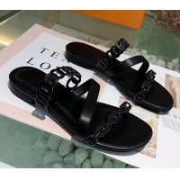 Super Quality Hermes Leather "Chaine d'Ancre" Straps Ajaccio Slipper Sandal 042062 Black