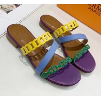 Best Luxury Hermes Leather "Chaine d'Ancre" Straps Ajaccio Slipper Sandal 042062 Purple/Blue/Yellow