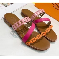 Good Quality Hermes Leather "Chaine d'Ancre" Straps Ajaccio Slipper Sandal 042062 Rosy/Pink/Orange