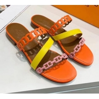 Grade Design Hermes Leather "Chaine d'Ancre" Straps Ajaccio Slipper Sandal 042062 Orange/Yellow/Pink