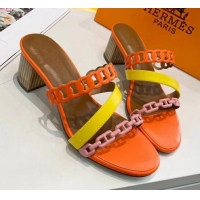 Top Quality Hermes Leather "Chaine d'Ancre" Straps Ajaccio Sandal With 5cm Heel 042066 Orange/Yellow