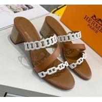 Cute Hermes Leather "Chaine d'Ancre" Straps Ajaccio Sandal With 5cm Heel 042066 Brown/White