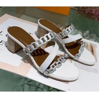 Top Quality Hermes Leather "Chaine d'Ancre" Straps Ajaccio Sandal With 5cm Heel 042066 White/Silver