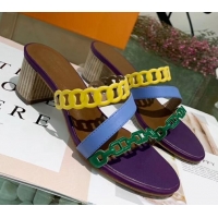 Best Price Hermes Leather "Chaine d'Ancre" Straps Ajaccio Sandal With 5cm Heel 042066 Purple/Yellow/Green