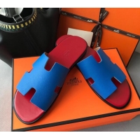 Fashion Hermes Izmir Sandal For Men in Epsom Calfskin 62267 Blue/Red