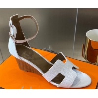 Top Quality Hermes Legend Palm-Grained Calfskin Wedge Sandals 70mm Heel 080711 White