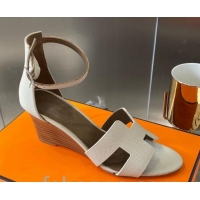 Perfect Hermes Legend Palm-Grained Calfskin Wedge Sandals 70mm Heel 080711 Light Grey