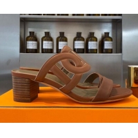 Top Quality Hermes Bikini Leather Chaine D Sandals 50mm Heel 080717 Brown