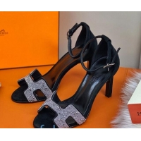 Good Quality Hermes Premiere Crystal H Heel 90 Sandals Black/Silver 082701