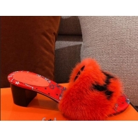 Trendy Design Hermes Mink Fur H Heel Side Sandals Orange 091029