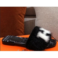 Super Quality Hermes Mink Fur H Flat Side Sandals Black 091029