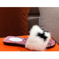 AAAAA Hermes Mink Fur H Flat Side Sandals White 091029