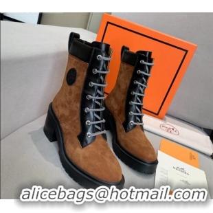 Top Design Hermes Calfskin & Suede Bridge Ankle Boot With 7cm Heel 111291 Brown/Black