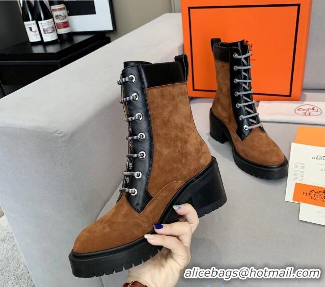 Top Design Hermes Calfskin & Suede Bridge Ankle Boot With 7cm Heel 111291 Brown/Black