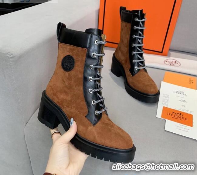 Top Design Hermes Calfskin & Suede Bridge Ankle Boot With 7cm Heel 111291 Brown/Black