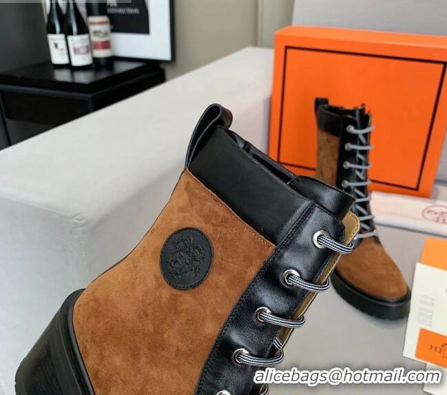 Top Design Hermes Calfskin & Suede Bridge Ankle Boot With 7cm Heel 111291 Brown/Black