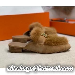 New Style Hermes Suede Mink Fur H Flat Mules 111410 Brown