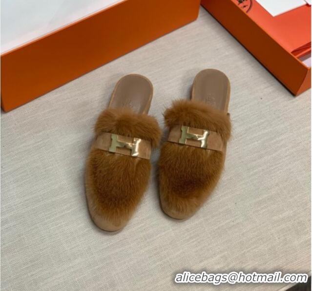 New Style Hermes Suede Mink Fur H Flat Mules 111410 Brown