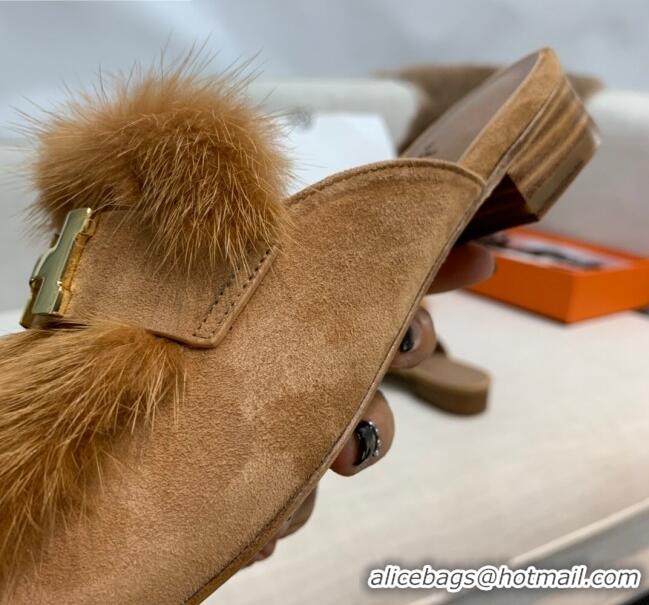 New Style Hermes Suede Mink Fur H Flat Mules 111410 Brown