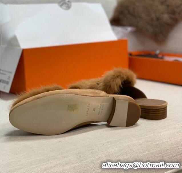 New Style Hermes Suede Mink Fur H Flat Mules 111410 Brown