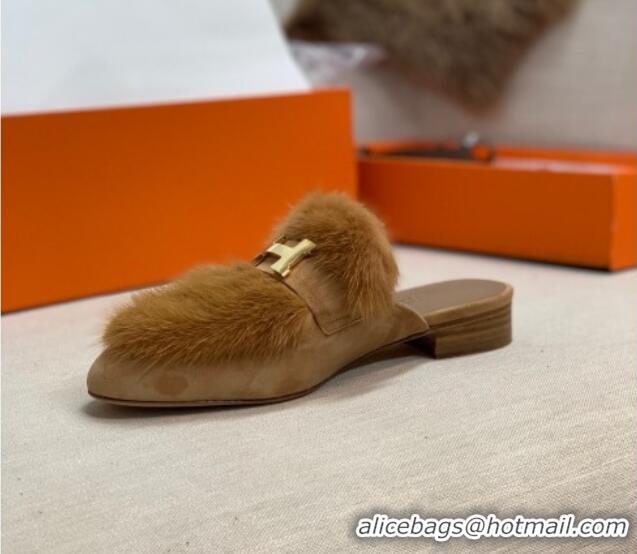 New Style Hermes Suede Mink Fur H Flat Mules 111410 Brown