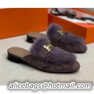 Best Luxury Hermes Suede Mink Fur H Flat Mules 111410 Purple