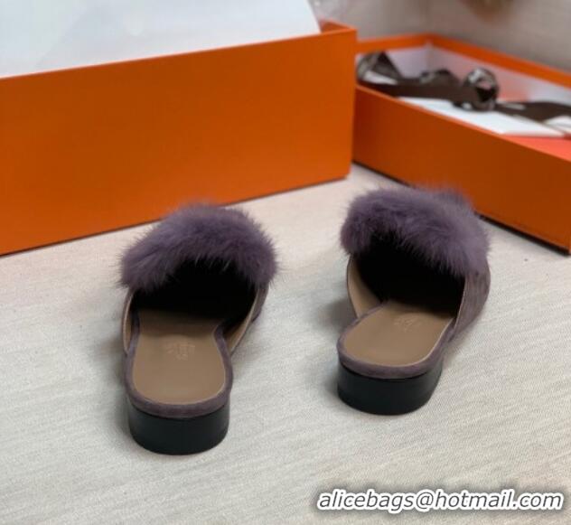 Best Luxury Hermes Suede Mink Fur H Flat Mules 111410 Purple