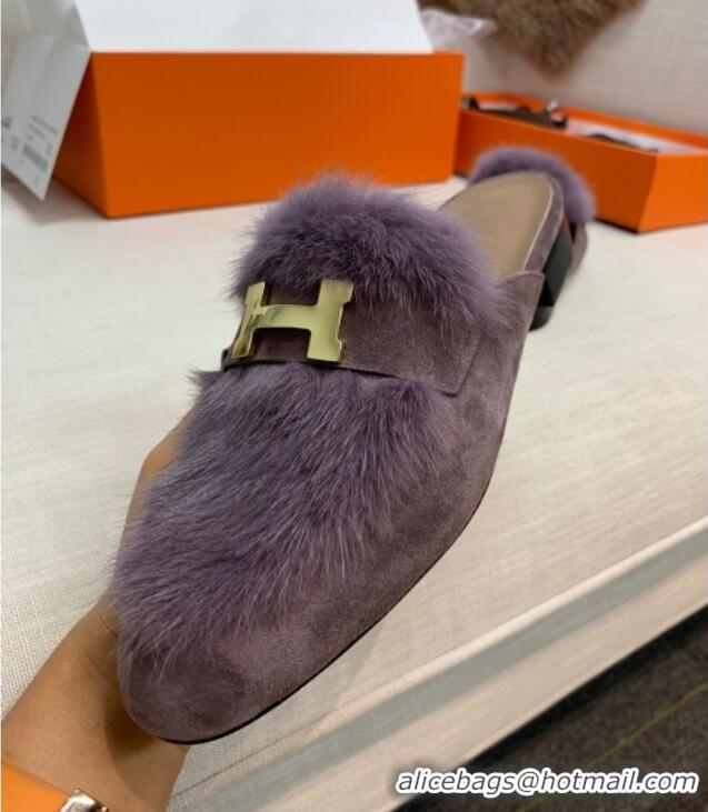 Best Luxury Hermes Suede Mink Fur H Flat Mules 111410 Purple