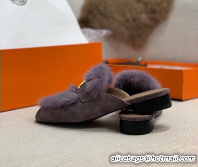 Best Luxury Hermes Suede Mink Fur H Flat Mules 111410 Purple